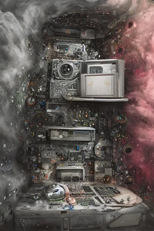 Image similar to the inside of a computer by mahmoud farshchian, mia brownell, very detailed, maximalism, ambient occlusion, volumetric light, atmospheric haze, hyper realism, realistic shading, cinematic composition, realistic render, photorealistic, wide shot