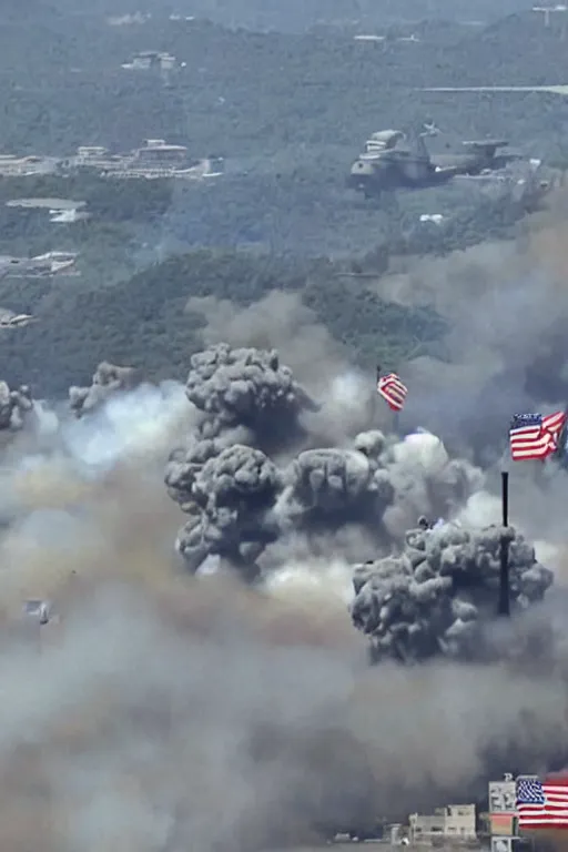 Image similar to the us military attacking pyongyang, dramatic angle, intense scene