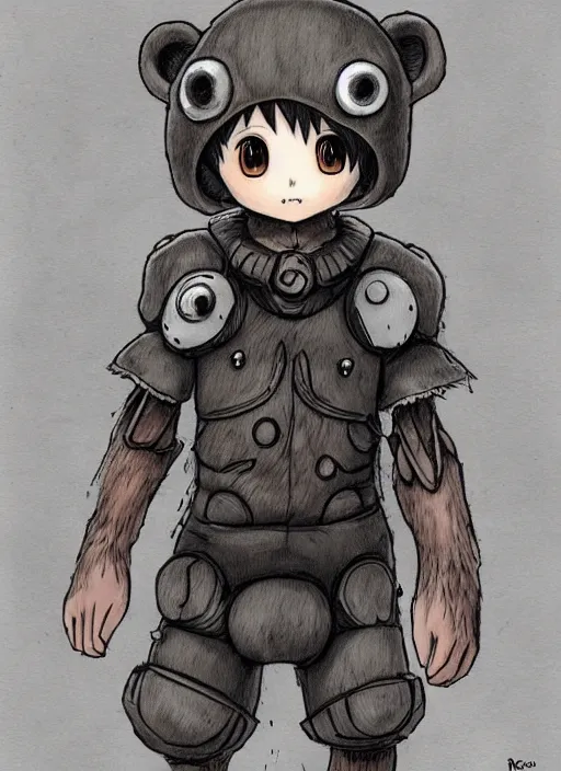 Image similar to beautiful little boy wearing an cyborg bear suit, artwork in kentaro miura and made in abyss and rosdraws, smooth, beautiful lightness, anatomically correct, trending on pixiv, forest