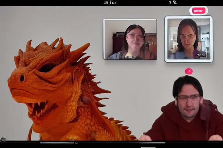 Image similar to a video call from a dragon facing the camera head on. in the style of @ 9 0 snewsscreens