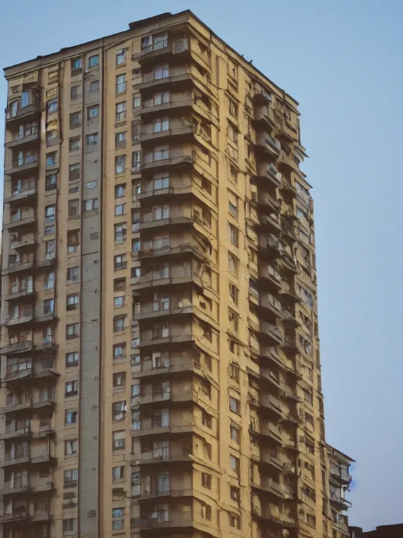 Image similar to soviet panel apartment building photo, extreme wide shot, golden hour, kodak gold 2 0 0, side - view