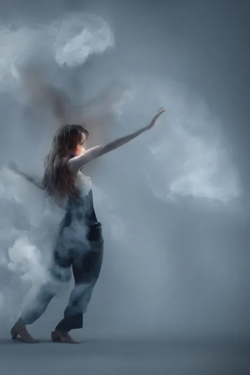 Image similar to a woman turning into smoke, dancing, atmospheric, octane render, volumetric light