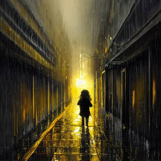 Prompt: A small child wearing a yellow rain coat walking alone in a dark alley,it is raining heavily, scary atmosphere,gloomy lighting, oil painting , highly detailed , high contrast, beautiful lighting, award winning , trending on art station, 8k, photo realistic