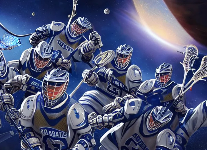 Image similar to lacrosse team chitauri, playing intergalactic championship, in space, highly detailed, 8k, intricate, award winning.