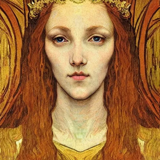 Image similar to detailed realistic beautiful young medieval queen face portrait by jean delville and vincent van gogh, art nouveau, symbolist, visionary, gothic, pre - raphaelite