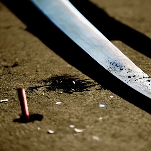 Image similar to an katana sword on the ground with blood stain, cinematic