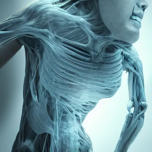 Image similar to a human - shaped anatomical ghost covered in fluid silk, ethereal, veins nerves, tendons wires, machines, highly detailed, backlit, dark atmosphere, octane render, unreal engine, photorealist, procedural light