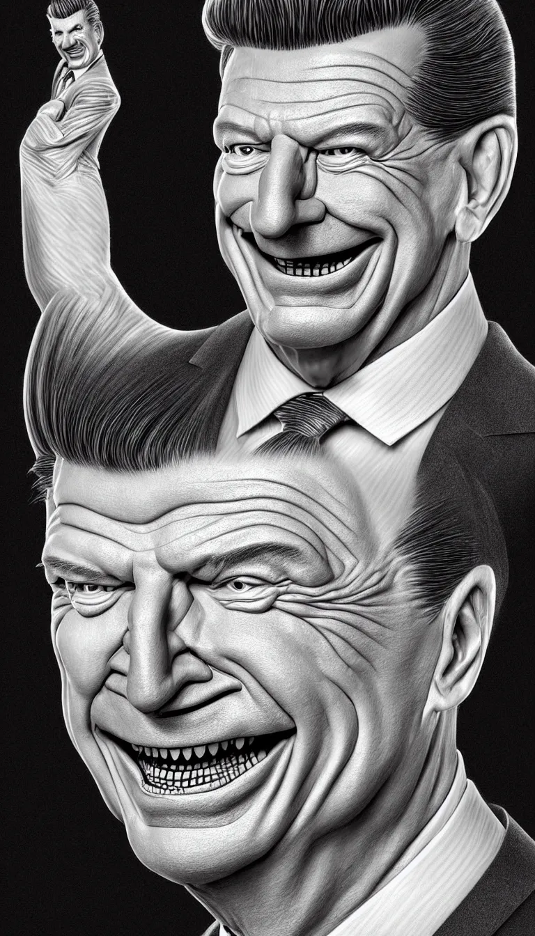 Image similar to a breathtaking 3 d pencil drawing of an incommensurable, malevolent vince mcmahon in his mid forties, king of capitalism, smiling smugly, light bends to him, saturated colors, digital art, catalogue raisonne, autodesk maya, cinema 4 d, hyperrealism, ultra detailed, hyper luxurious, by jarid mayo