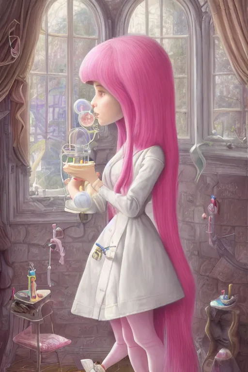 Prompt: highly detailed, profile portrait of a extremely beautiful, young adult, princess bubblegum from adventure time, experimenting in her castle lab, wearing lab coat & saftey goggles, long bubblegum hair with long straight bangs, illustration concept art by nicoletta ceccoli, mark ryden, lostfish, detailed and intricate environment, 8 k resolution, hyperrealistic, octane render