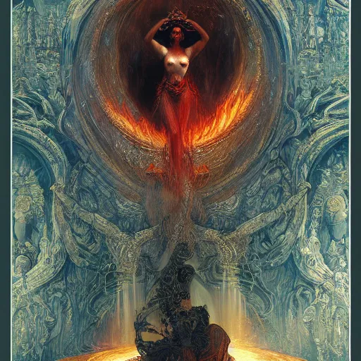 Image similar to eternal goddess empress bathing in deepest fiery underworld depths of hell by greg rutkowski, gustave dore, alphone mucha, visionary deep aesthetics art