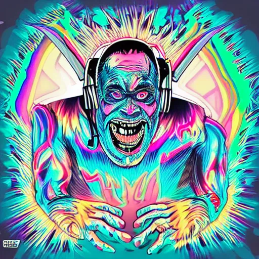 Image similar to artgerm, psychedelic laughing demon, rocking out, headphones dj rave, digital artwork, r. crumb, svg vector