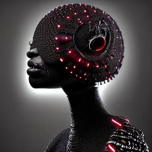 Image similar to portrait of an absurdly beautiful, graceful, sophisticated, fashionable black cyberpunk mechanoid gravure idol, hyperdetailed illustration by irakli nadar, adut akech, matt wisniewski style, intricate linework, dark black skin, jellyfish headdress, crystal ruff, unreal engine 5 highly rendered, global illumination, red light, detailed and intricate environment