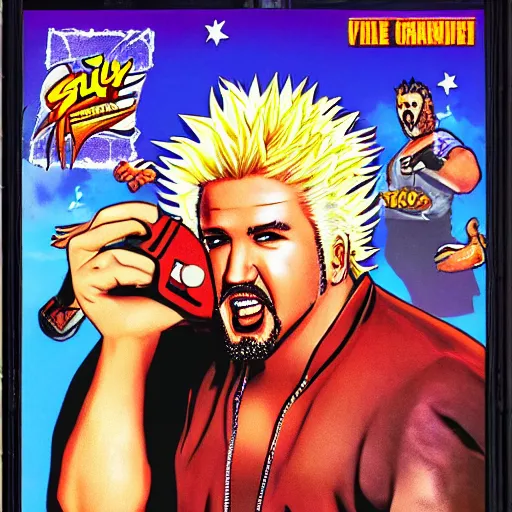 Image similar to guy fieri : backyard wrestling the video game 1 9 8 9 special tournament edition plus alpha featuring guy fieri for the nintendo genesis, game case, box art