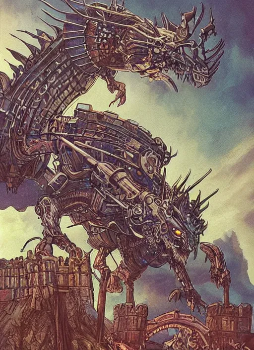 Image similar to intricate fantasy comic book drawing of a ( giant mechanical dragon ) over a ( stronghold castle ) by dariusz zawadski and simon stalenhag, simon bisley!, jack kirby!!! and gris grimly, cinematic, epic, awesome color palette, hard contrast, ink outlines