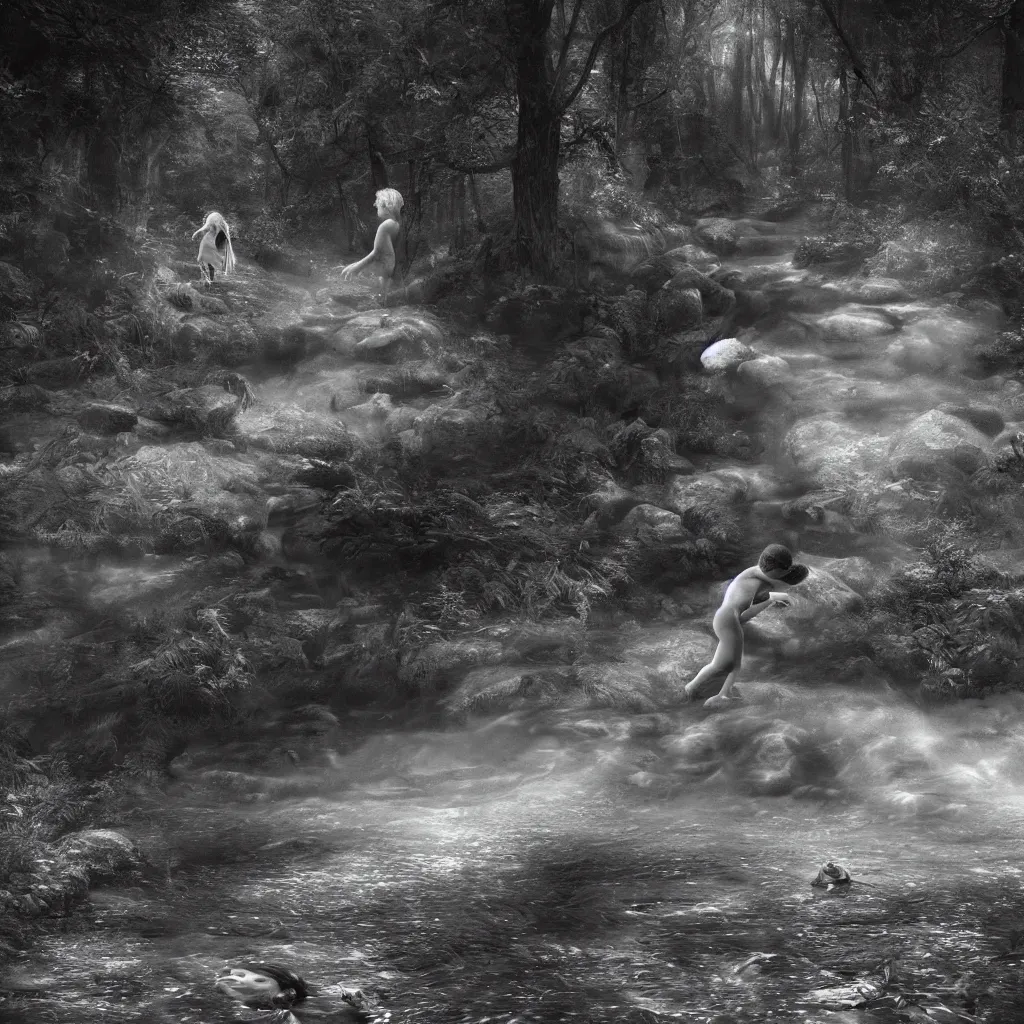 Image similar to an angel stripped of it's wings chasing a child through a creek in the woods, bad dream, hazy memory, volumetric, hyper realistic, octane render, dark black and white in the style of alvin schwartz, epic angles