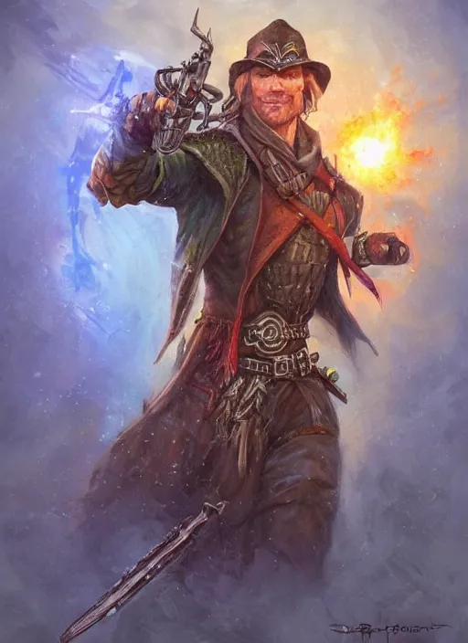 Image similar to gunslinger, dndbeyond, bright, colourful, realistic, dnd character portrait, full body, pathfinder, pinterest, art by ralph horsley, dnd, rpg, lotr game design fanart by concept art, behance hd, artstation, deviantart, hdr render in unreal engine 5