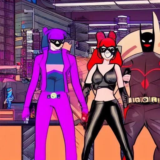 Image similar to cyberpunk Batman, Harley Quinn, Velma, and Shaggy in a platform fighting game