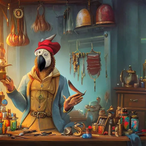 Image similar to Anthropomorphized parrot trader in his shop, portrait, items, magic potions, carpet, window, fancy hat, sly expression , cunning expression, cute expression, D&D, fantasy, cinematic lighting, highly detailed, digital painting, artstation, concept art, smooth, sharp focus, illustration, warm light, cozy warm tint, magic the gathering artwork, volumetric lighting, 8k, art by Akihiko Yoshida, Greg Rutkowski