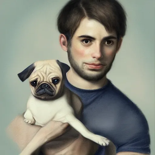 Image similar to self portrait, young white hispanic handsome man with short light brown hair and light skin and a 5 o clock shadow, holding a pug for a picture, fighting against 2 swordsmen pencil art, added detail, high definiton, colored, backfacing, illustrated by raphael