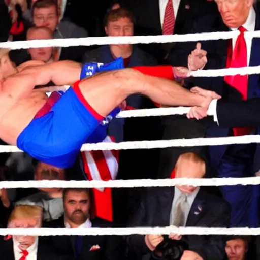 Image similar to donald trump suplex vladimir putin, wrestling ring, vivid, colorful