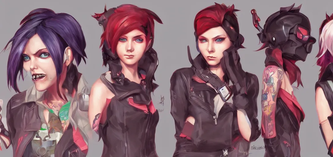 Prompt: concept art of punk female video game characters head designs, loud, intimidating, disgaea, flcl, overwatch, by marc brunet and artgerm