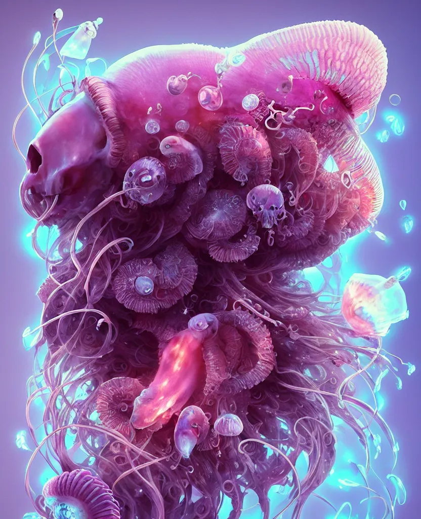 Image similar to goddess princess beautiful face close-up portrait ram skull fluffy toy. jellyfish phoenix head, nautilus, orchid, skull, betta fish, bioluminiscent creatures, intricate artwork by Tooth Wu and wlop and beeple. octane render, trending on artstation, greg rutkowski very coherent symmetrical artwork. cinematic, hyper realism, high detail, octane render, 8k