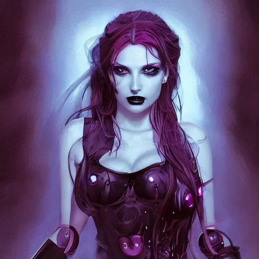 Prompt: A portrait of a goth Jessica Simpson, by Stanley Artgerm Lau, WLOP, Rossdraws, James Jean, Andrei Riabovitchev, Marc Simonetti, and Sakimichan, trending on artstation with a blend of manga-style art, augmented with vibrant composition and color, all filtered through a cybernetic lens, studio lighting, lit by flashing pixel light, cinematic lightning, medium shot, mid-shot, highly detailed, trending on artstation, Unreal Engine 4k, cinematic wallpaper