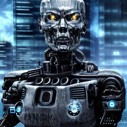 Image similar to highly detailed portrait of a terminator with borg enhancements, 8k. There is a dystopian city in the background