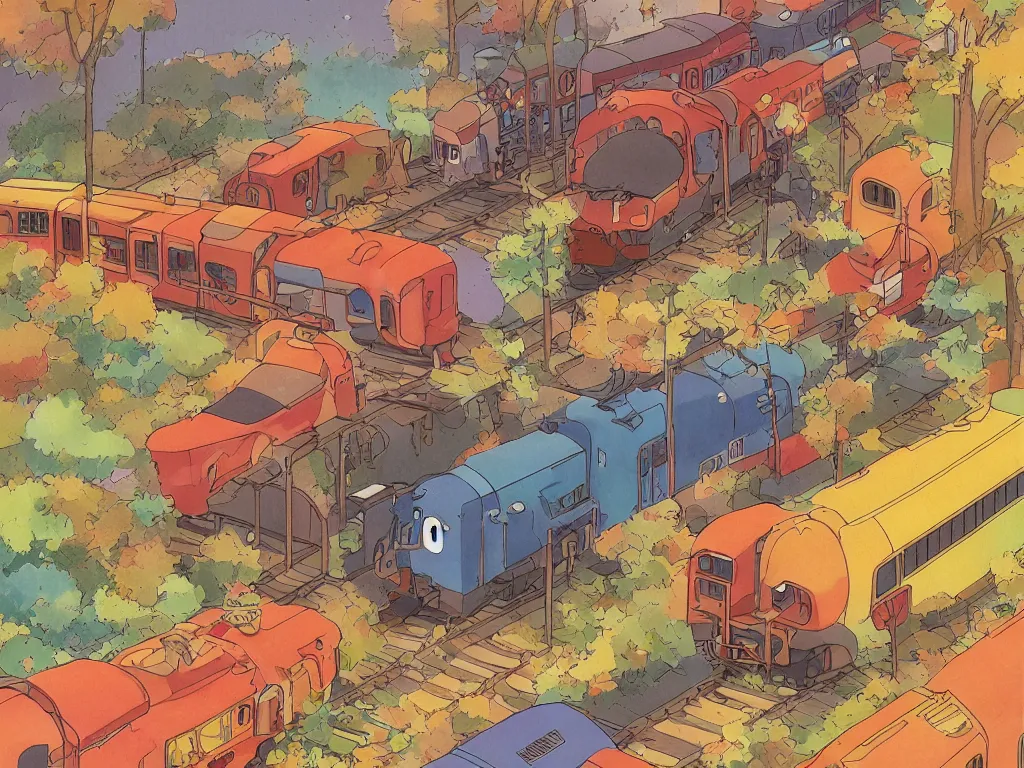 Image similar to longitudinal cut sideview of a anime train, autumn light, colorful, beautiful, by studio ghibli, by hayao miyazaki, digital art, concept art, manga, cute and adorable, illustration