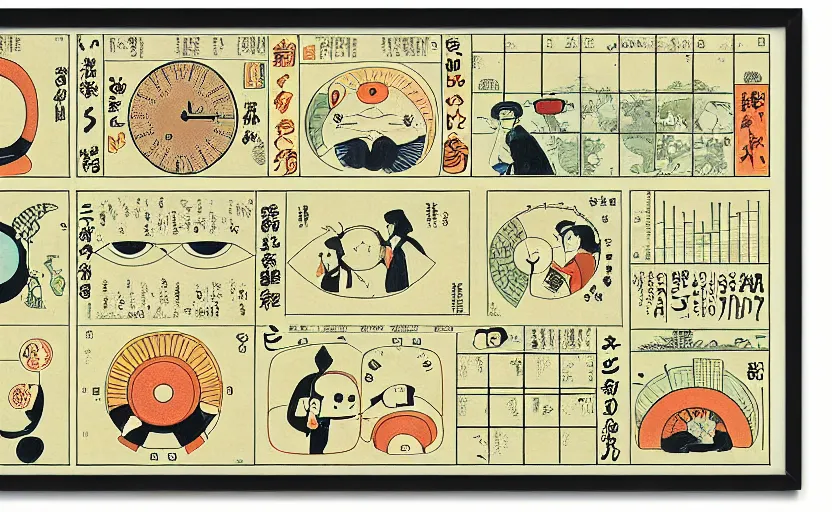 Image similar to business dashboard with time series charts, pie plots and other modern graphics, with small creatures with many eyes. diego rivera ( with slight ukiyo - e influence ). ravi supa.