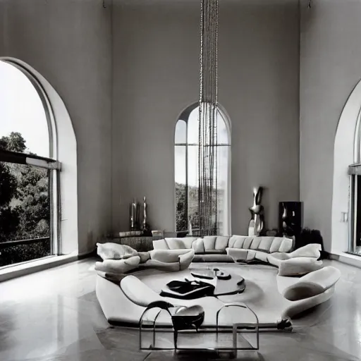 Image similar to giant Italian modern castle living room, clean minimalist design, that is 1300 feet tall, a series of modern stainless steel organic shaped modern sculptures with mirror finish, photo by Annie Leibovitz