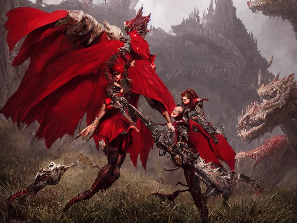 Prompt: Drunk mad monster hunter in red riding hood. Photorealistic, lifelike, Unreal Engine, sharp, detailed, 8K, by Gerald Brom, Dan Mumford, Stephan Martiniere