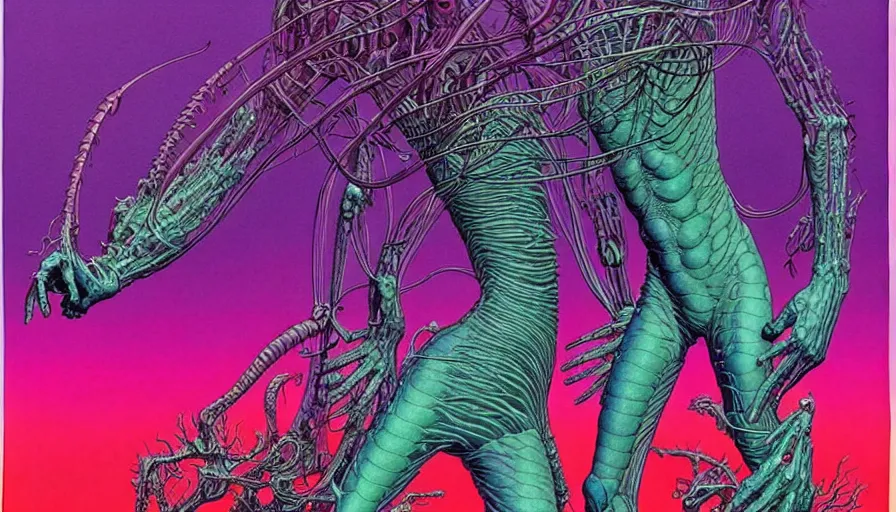 Image similar to ( ( ( ( a humanoid creature from another planet. ) ) ) ) by mœbius!!!!!!!!!!!!!!!!!!!!!!!!!!!, overdetailed art, colorful, artistic record jacket design