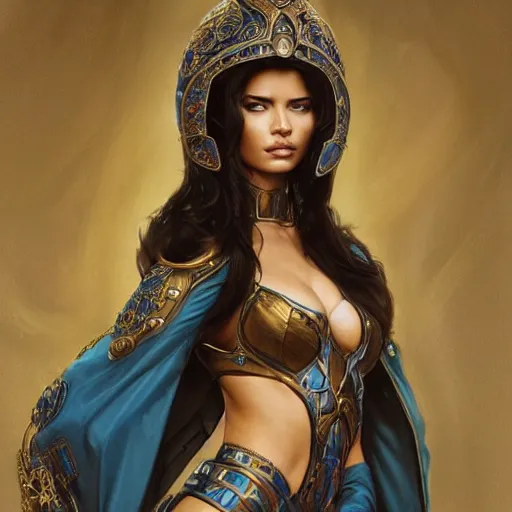 Image similar to an attractive young female wearing an blue ornate metallic helmet, adriana lima, olive skin, long dark hair, beautiful bone structure, intricate, elegant, highly detailed, digital painting, artstation, concept art, smooth, sharp focus, illustration, art by artgerm and greg rutkowski and alphonse mucha