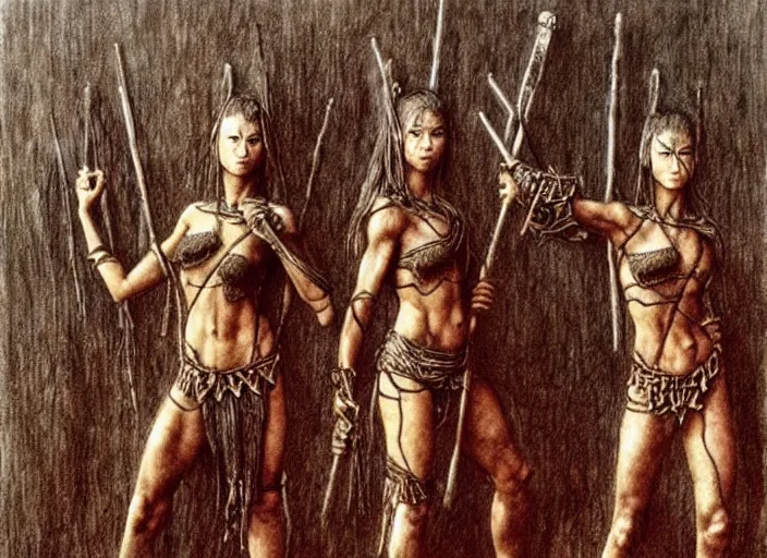 Prompt: young muscular female warriors in tribal painting by Beksinski, Luis Royo, Arthur Rackham