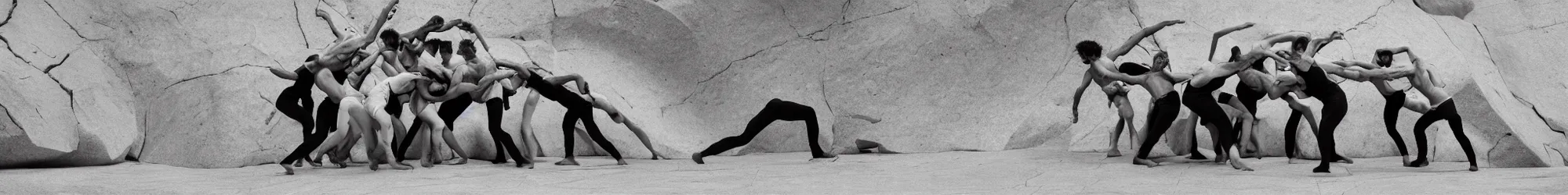 Image similar to a horde of sisyphusses pushing a huge boulder through an empty space, white background, ballet performance photography