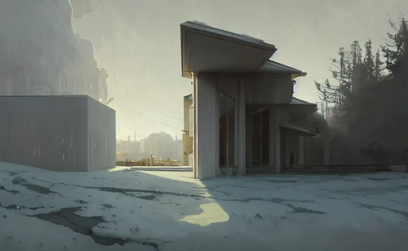 Image similar to painting of a wide angle exterior shot of a white modern architecture with cinematic lighting by peter zumthor and renzo piano, darek zabrocki and greg ruthkowski, alphonse mucha, simon stalenhag and cinematic and blue cold atmospheric, archillect concept art, artstation, trending on artstation