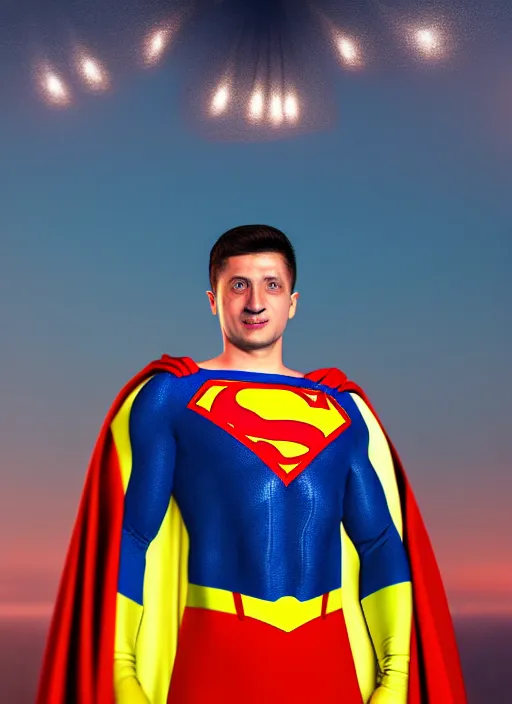 Image similar to volodymyr zelenskyy, ukrainian superman, ukrainian national clothes, portrait of young man, remove s on body and put u, 8 k ultra realistic, lens flare, atmosphere, glow, detailed, intricate, full of colour, led lighting, 4 k, hyperrealistic, focused, extreme details, unreal engine 5, masterpiece