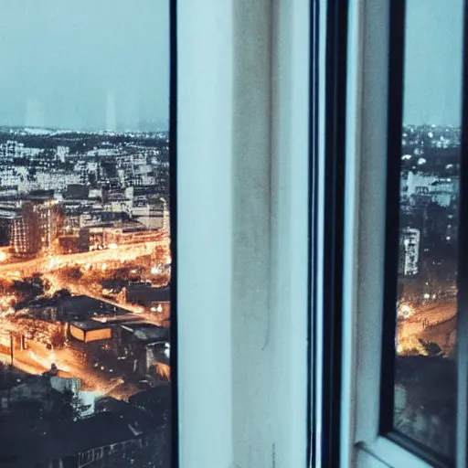 Image similar to looking out the window at night, overlooking the city, sad, alone, melancholy, moody, gloomy, atmospheric, bittersweet, color palette, staring, city lights, bedroom window, balcony