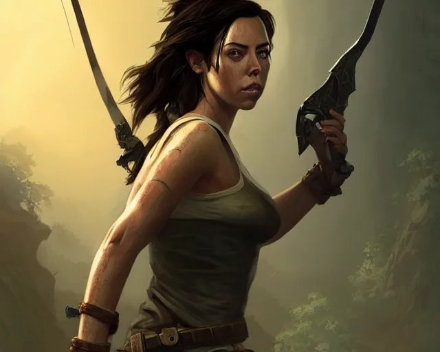 Image similar to a gaming screenshot still portrait of aubrey plaza in tomb raider, deep focus, d & d, fantasy, intricate, elegant, highly detailed, digital painting, artstation, concept art, matte, sharp focus, illustration, dark fantasy style art, hearthstone, art by artgerm and greg rutkowski and alphonse mucha