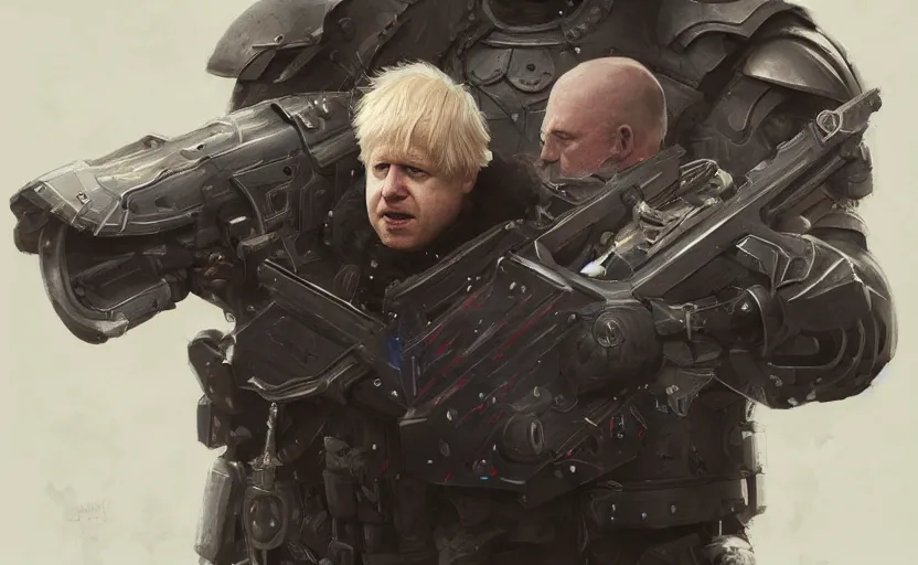 Image similar to Boris Johnson as Punisher, armor plate, realistic portrait, symmetrical, highly detailed, digital painting, artstation, concept art, smooth, sharp focus, illustration, cinematic lighting, art by artgerm and greg rutkowski and alphonse mucha