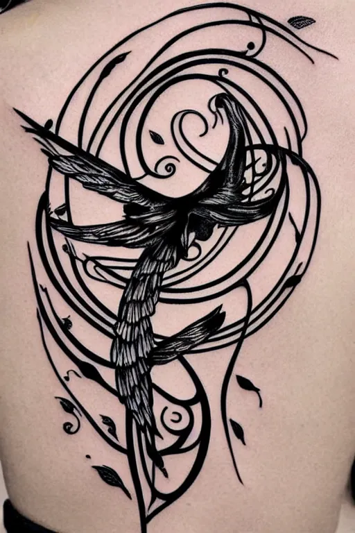 Prompt: a beautiful tattoo design of minimalist swallows flying around spirals and primitive shapes, black ink, abstract logo, line art