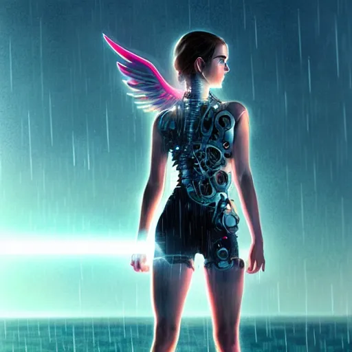 Image similar to emma watson as a beautiful cyborg - angel girl standing on a lake, rainfall, biomechanical details, digital cyberpunk anime art, full body shot, reflections, lens flare, wlop, ilya kuvshinov, artgerm, krenz cushart, greg rutkowski