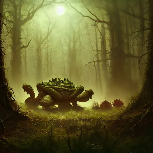 Prompt: the attack of the giant toads emerging out of the dark forest by Tony Sart, foggy, atmospheric, dark, creepy, ArtStation, Detailed, realistic