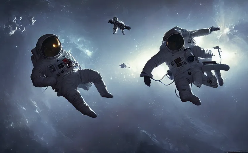 Image similar to painting of an astronaut floating in space by greg rutkowski and craig mullins, Dark cinematic and atmospheric, Dark space, Film photography, UHD 8k,