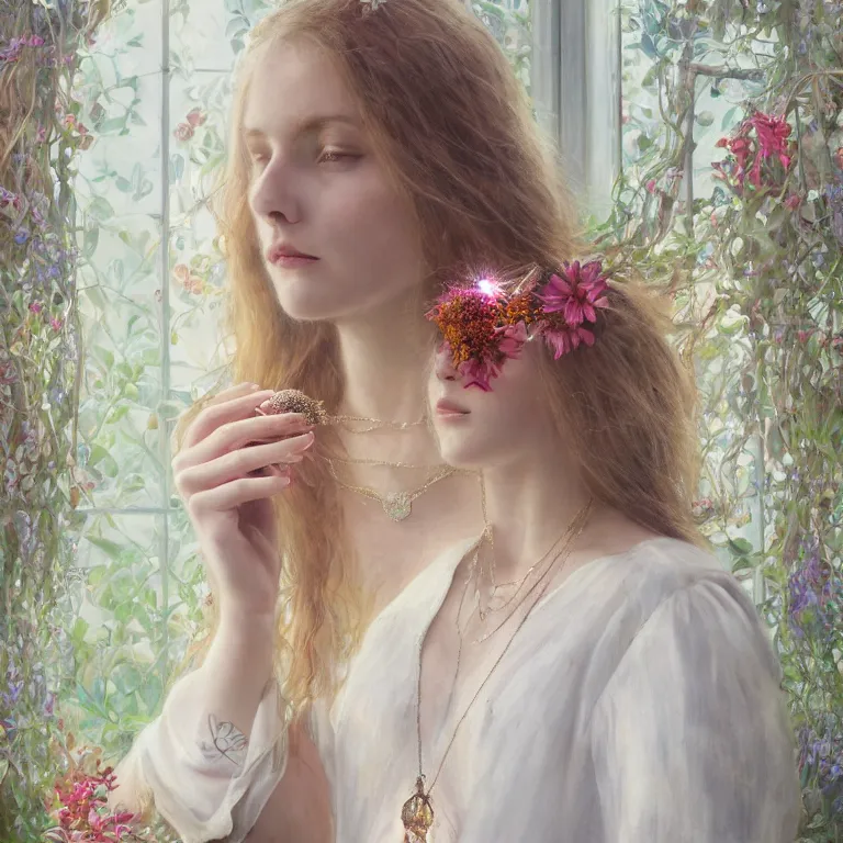 Image similar to a blonde girl in white dress in beautiful window, necklace with a fruit seed ornament, ocean eyes, light freckles, incense smoke and flowers in the background, portrait, mucha, conceptart, medium shot, unreal, octane, symmetrical, photorealism.