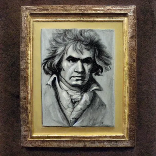 Image similar to beethoven. he's playing a rock music. oil paper on weathered paper