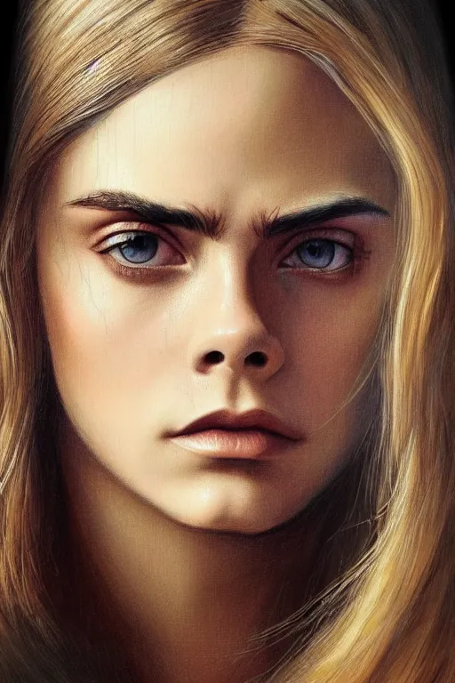 Image similar to cara delevigne painted by leonardo da vinci, vivid colors, high details, cinematic, 8k resolution, beautiful detailed, photorealistic, digital painting, artstation, concept art, smooth, sharp focus, illustration, fantasy background, artstation trending, octane render, unreal engine