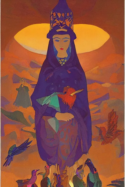 Image similar to queen of the dawn with her lantern and birds, by Nicholas Roerich, elaborate headdress and embroidered velvet, iridescent beetles, rich color, dramatic cinematic lighting, extremely detailed