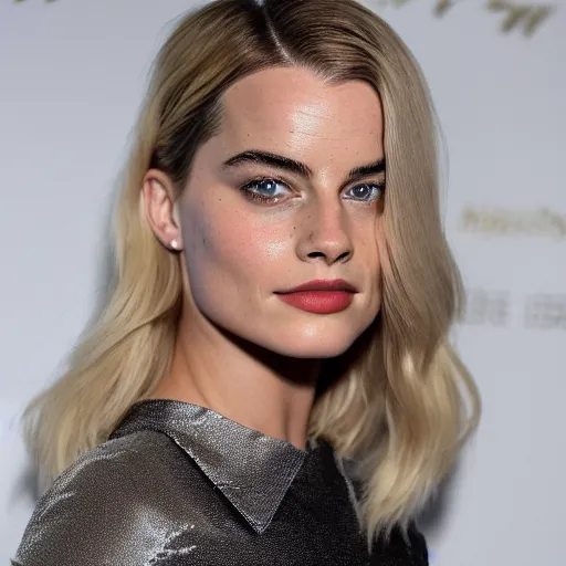 Image similar to a woman who is a genetic combination of margot robbie and emma watson face and upper - body focus